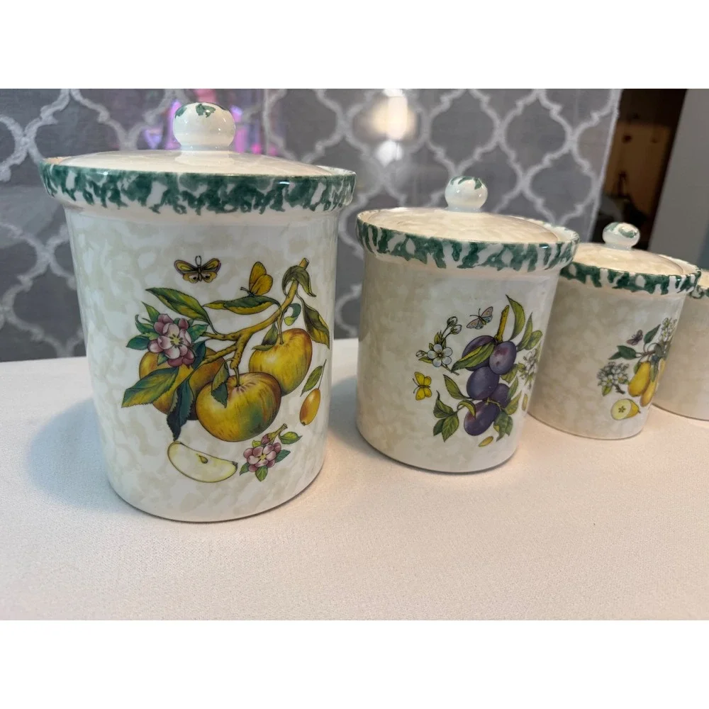 Vintage Himark Italy Ceramic Fruit Canister Set 4 Piece Green Trim Farmhouse
